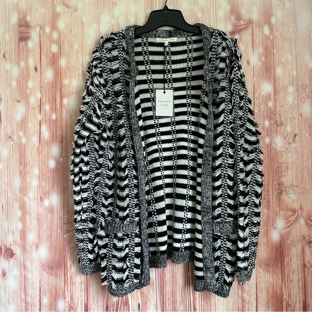 Endless Rose Black Open Front White Striped Fringe Cardigan Sweater Size M/L